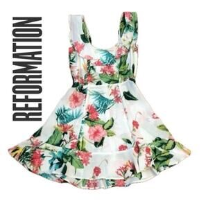 REFORMATION MINI DRESS PERLA RUFFLE SCOOP NECK TROPICAL FLORAL Sz 4 COCONUTGIRL